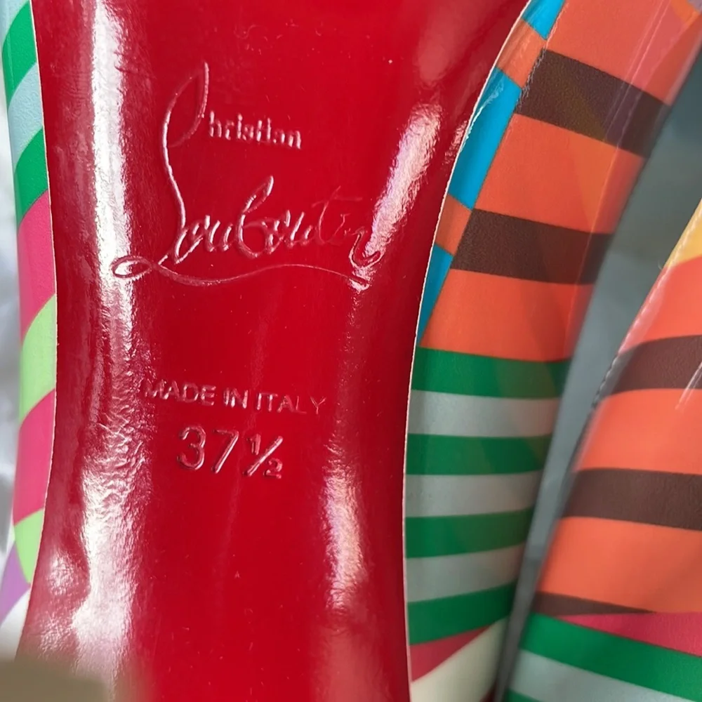 Christian louboutin hot chick 100mm patent striped multi color stiletto sz 37.5